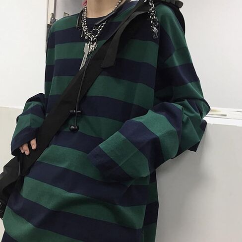 Harajuku Oversized Striped T-Shirt Y2K Long Sleeve Crewneck Baggy Clothes Vintage Streetwear Pullover in Saudi Arabia