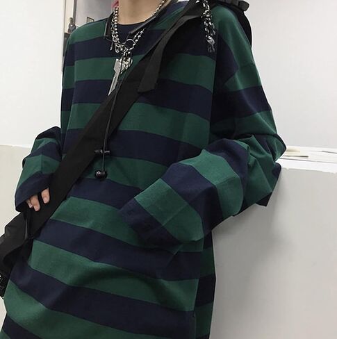 Harajuku Oversized Striped T-Shirt Y2K Long Sleeve Crewneck Baggy Clothes Vintage Streetwear Pullover in Saudi Arabia