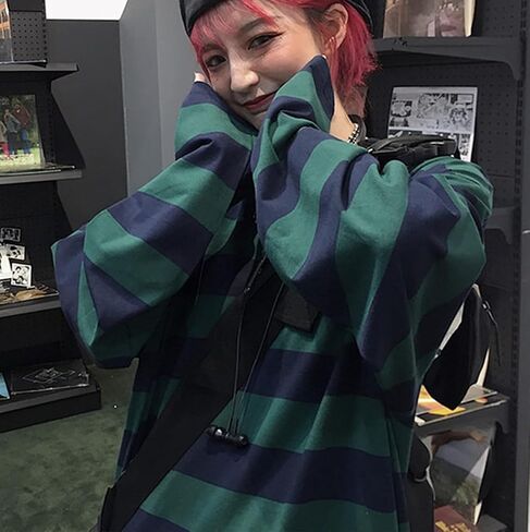 Harajuku Oversized Striped T-Shirt Y2K Long Sleeve Crewneck Baggy Clothes Vintage Streetwear Pullover in Saudi Arabia