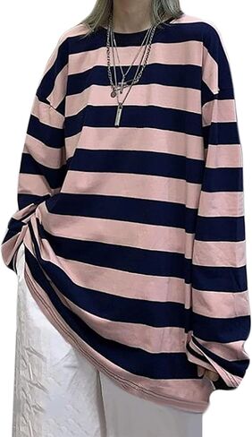 Harajuku Oversized Striped T-Shirt Y2K Long Sleeve Crewneck Baggy Clothes Vintage Streetwear Pullover in Saudi Arabia