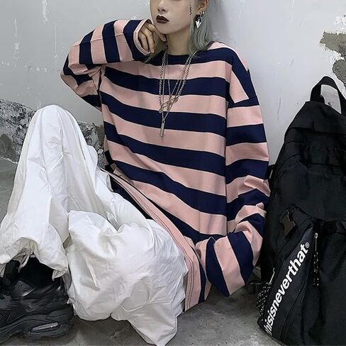 Harajuku Oversized Striped T-Shirt Y2K Long Sleeve Crewneck Baggy Clothes Vintage Streetwear Pullover in Saudi Arabia