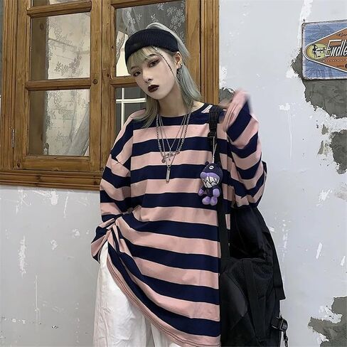 Harajuku Oversized Striped T-Shirt Y2K Long Sleeve Crewneck Baggy Clothes Vintage Streetwear Pullover in Saudi Arabia