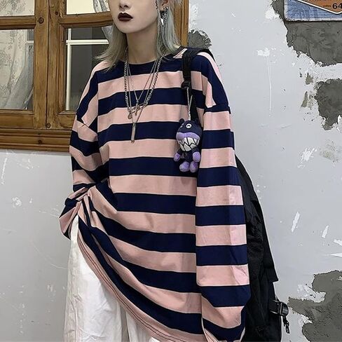 Harajuku Oversized Striped T-Shirt Y2K Long Sleeve Crewneck Baggy Clothes Vintage Streetwear Pullover in Saudi Arabia