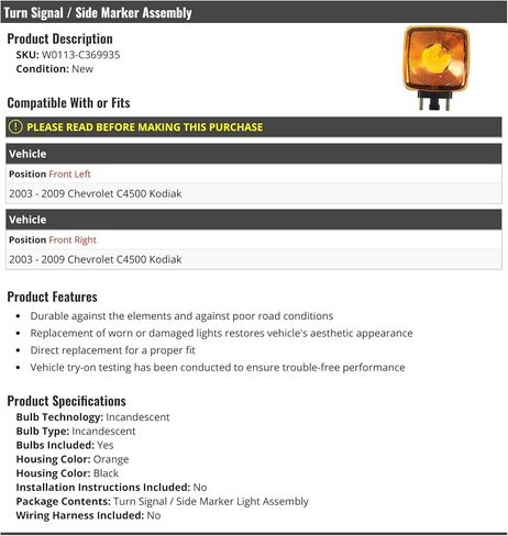 Front Incandescent Turn Signal and Side Marker Assembly - Compatible with 2003-2009 Chevy C4500 Kodiak in Kuwait