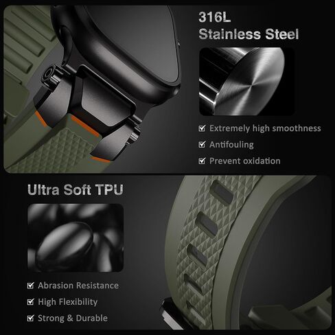 ULTIMAL for Apple Watch band Compatible with Apple Watch Strap Ultra2/Ultra 46mm 49mm Bands for Men Series 10/9/8/SE2/7/6/SE/5/4/3 45mm/44mm/42mm Sport Bands for iWatch Rugged Premium TPU & Metal (Black/Green) in Saudi Arabia
