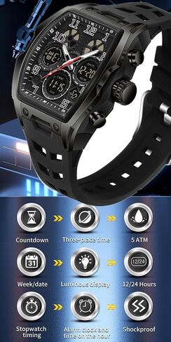Mens Watches for Men Unique Rectangle Watches Military Digital Analog Sports Outdoor Watch White Wristwatch with Alarm,Stopwatch,Countdown,Hourly Chime,Luminous and Waterproof Multi-Function Watch in Saudi Arabia