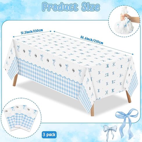 Coquette Blue Bow Party Tableroths - 3pcs ألوان مائية القوس عقدة عيد ميلاد زخارف تغطية الطاولة ، الشريط الأزرق تحت عنوان من البلاستي in Kuwait