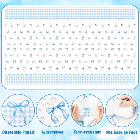 Coquette Blue Bow Party Tableroths - 3pcs ألوان مائية القوس عقدة عيد ميلاد زخارف تغطية الطاولة ، الشريط الأزرق تحت عنوان من البلاستي in Kuwait