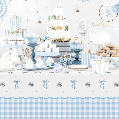 Coquette Blue Bow Party Tableroths - 3pcs ألوان مائية القوس عقدة عيد ميلاد زخارف تغطية الطاولة ، الشريط الأزرق تحت عنوان من البلاستي in Kuwait