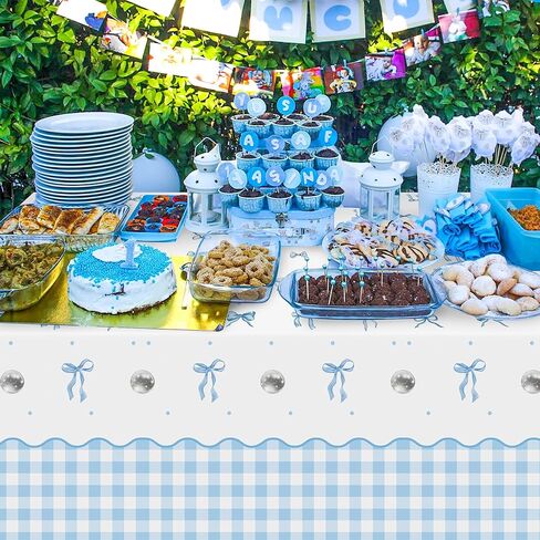 Coquette Blue Bow Party Tableroths - 3pcs ألوان مائية القوس عقدة عيد ميلاد زخارف تغطية الطاولة ، الشريط الأزرق تحت عنوان من البلاستي in Kuwait
