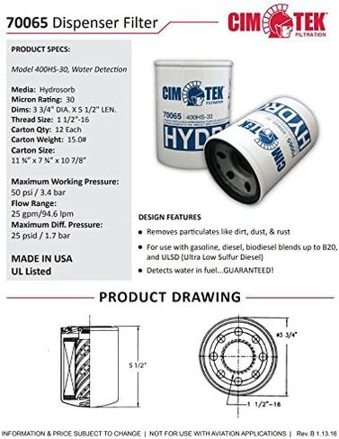 Cim-Tek 70065 400HS-30 Fuel Dispenser Filter, 30 Micron Water in Kuwait