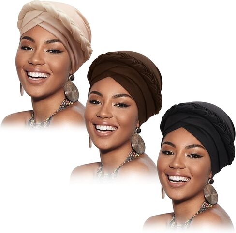DRESHOW Turban Pre-Tied Twisted Braid Hair Cover Wrap Hat African Beanie Headwraps for Black Women Chemo Cancer Cap in Saudi Arabia