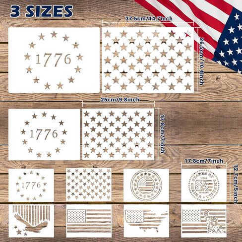 12 PCS Plastic American Stencil Template, 6 Sizes 13 Stars 1776 Template and 50 Star Stencils for Painting on Wood Fabric Paper Wall Scrapbook Art Craft in Saudi Arabia