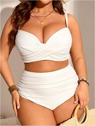 Makemechic Women's Plus Size 2 قطعة بيكيني مجموعة Ruched عالية الخصر السباحة in Saudi Arabia