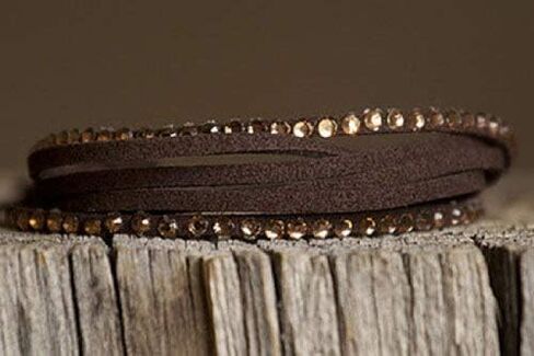 Adjustable Multiple Brown Leather Bracelet with Pale Orange Rhinestones in Saudi Arabia