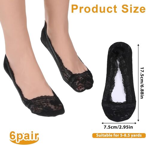 6 Pairs Black Lace Socks Women No Show Non Slip Socks Low Cut Invisible Thin Sock Fashion Liner No Show Sock for Women with Flats, Pumps in Kuwait