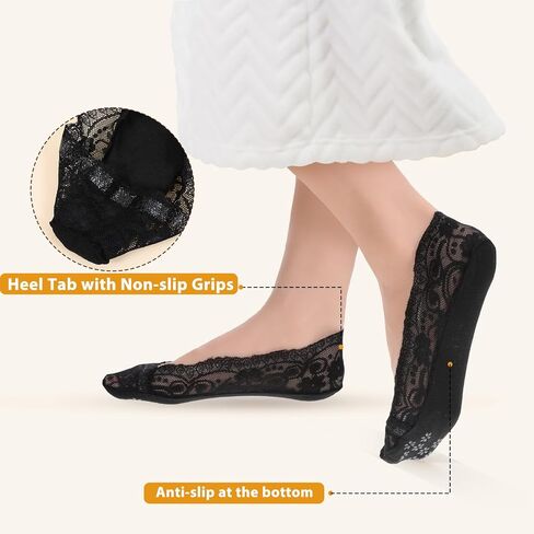 6 Pairs Black Lace Socks Women No Show Non Slip Socks Low Cut Invisible Thin Sock Fashion Liner No Show Sock for Women with Flats, Pumps in Kuwait
