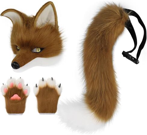 HAOAN Plush Faux Fur Therian Dog Wolf Mask Paw Gloves Fox Tail Set Halloween Cosplay Costume Accessories in Kuwait