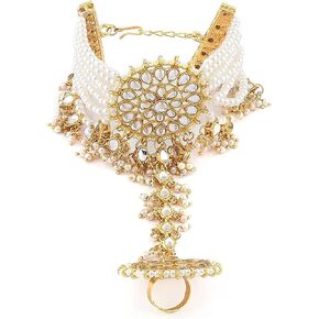 I Jewels 18k Gold Plated Indian Wedding Bollywood Embellish with Kundan & Pearl Adjustable Haath Phool/Panja Bracelet for Women (PIJ029W) in Saudi Arabia