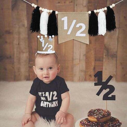 1/2 Birthday High Chair Banner, Half Birthday Crown Hat, Decorations for 6 Months Baby Party, White Photo Props in Saudi Arabia