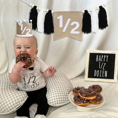 1/2 Birthday High Chair Banner, Half Birthday Crown Hat, Decorations for 6 Months Baby Party, White Photo Props in Saudi Arabia
