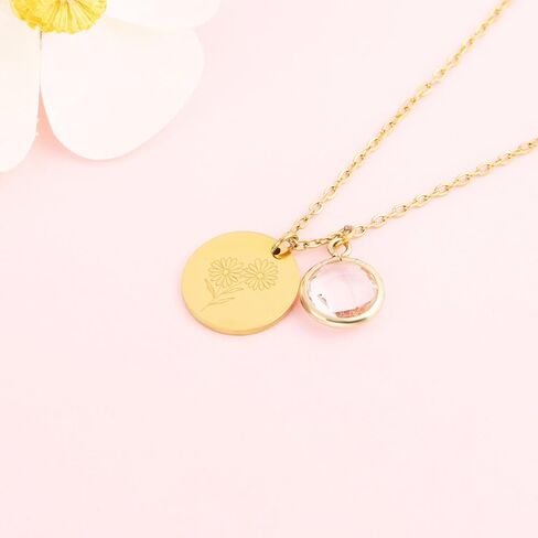 14k Gold Plated Birth Month Flower Birthstone Pendant Necklace, Floral Charm Necklace for Women Birthday Gift in Saudi Arabia