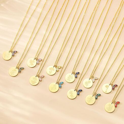 14k Gold Plated Birth Month Flower Birthstone Pendant Necklace, Floral Charm Necklace for Women Birthday Gift in Saudi Arabia
