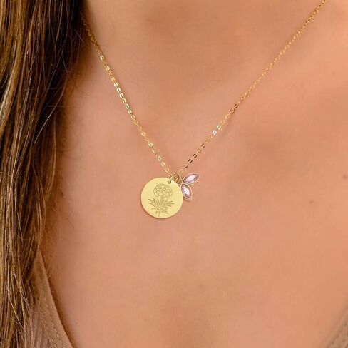 14k Gold Plated Birth Month Flower Birthstone Pendant Necklace, Floral Charm Necklace for Women Birthday Gift in Saudi Arabia
