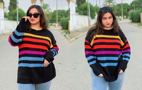 CARCOS حجم كبير البلوزات للنساء متعرج Crewneck كم طويل البلوز البلوزات الملونة مخطط مع زمم XL-5XL in Kuwait