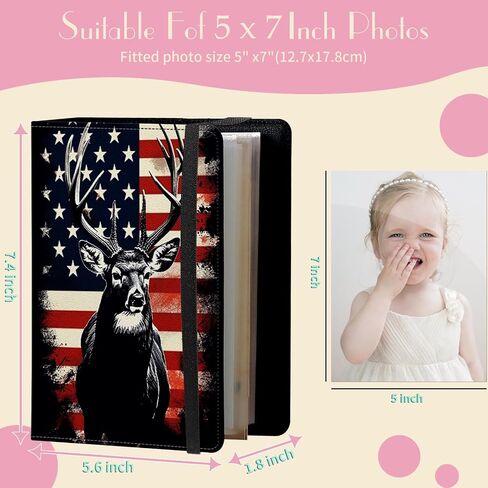 Photo Album 5x7 Photos - 60 Photos Capacity PU Leather Cover Photo Album with Strong Elastic Band, Portable Picture Album for Family Wedding Wedding Anniversary, Vintage American Flag Deer in Saudi Arabia