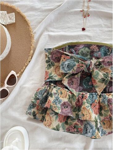 SOLY HUX Women's Floral Print Tie Backless Tube Top Layered Ruffle Strapless Vacation Tops in Saudi Arabia