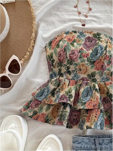 SOLY HUX Women's Floral Print Tie Backless Tube Top Layered Ruffle Strapless Vacation Tops in Saudi Arabia