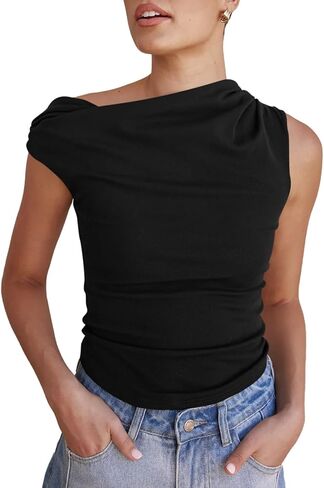 Tankaneo Womens قبالة قمم الكتف من رقبة القوارب المجهزة قميص Ruched Summer Trendy Y2K الخروج من قمم الخزان in Saudi Arabia