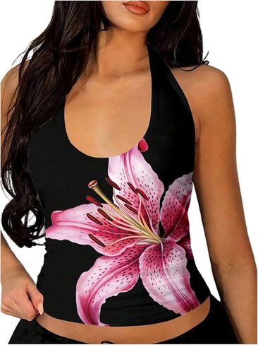 Milumia Women's Sexy Floral Halter Top Backless Ruched Crop Tank Top Going Out in Kuwait