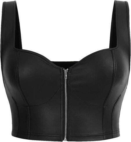 Women's Plus Size Zip Up PU Leather Wide Strap Crop Cami Top Sleeveless Slim Fit Tank Top in Saudi Arabia