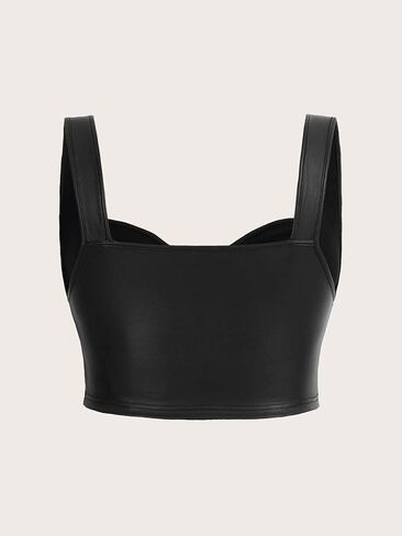 Women's Plus Size Zip Up PU Leather Wide Strap Crop Cami Top Sleeveless Slim Fit Tank Top in Saudi Arabia