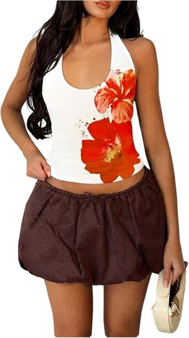 Milumia Women's Sexy Floral Halter Top Backless Ruched Crop Tank Top Going Out in Kuwait