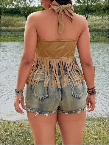 Women's Plus Size Tassel Halter Crop Tops Boho Hippie Fringe Tie Backless Cowgirl Tank Shirt 1970s Outfits in Kuwait
