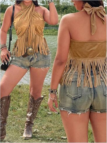 Women's Plus Size Tassel Halter Crop Tops Boho Hippie Fringe Tie Backless Cowgirl Tank Shirt 1970s Outfits in Kuwait