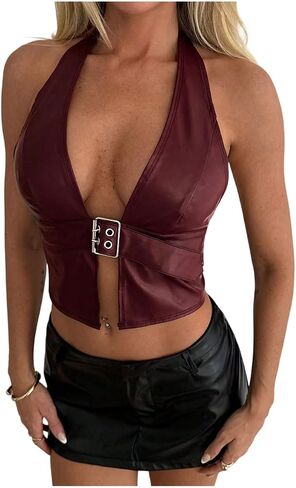Soly Hux Women's Y2K Pu Halter Crop Tops Open Open Olcyfleess Tank Tops Rave Festival Outfit in Kuwait