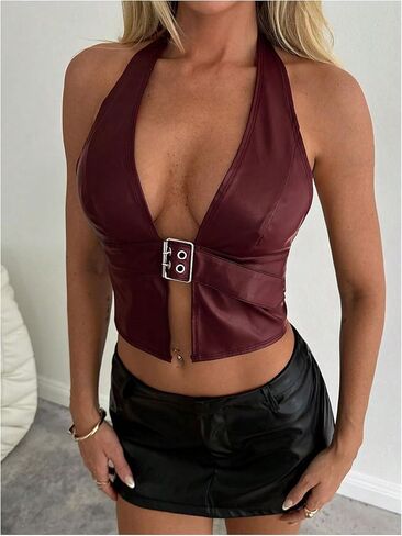 Soly Hux Women's Y2K Pu Halter Crop Tops Open Open Olcyfleess Tank Tops Rave Festival Outfit in Kuwait
