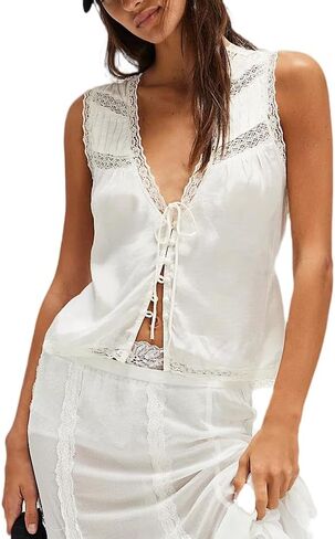 Women Summer Tie Front Tank Tops Y2k Lace Trim Flowy Peplum Cami Shirts Boho Chiffon Ruffle Sleeveless Vest Blouses in Kuwait