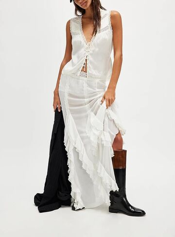 Women Summer Tie Front Tank Tops Y2k Lace Trim Flowy Peplum Cami Shirts Boho Chiffon Ruffle Sleeveless Vest Blouses in Kuwait