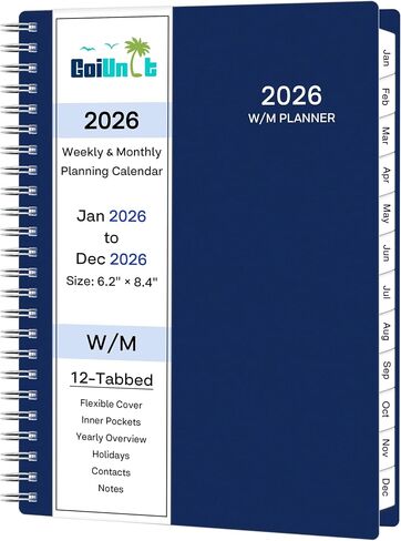 2026 Planner ، Weekly Monthly Planner 2026 ، يناير 2026 - ديسمبر 2026 ، 6.2 "× 8.42" ، غطاء مرن ، 12 علامات تبويب شهرية ، ورق سميك ، سلك دوامة ، جيب داخلي ، أسود in Kuwait