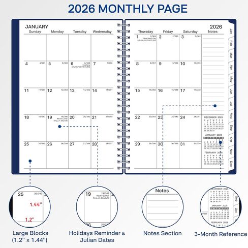 2026 Planner ، Weekly Monthly Planner 2026 ، يناير 2026 - ديسمبر 2026 ، 6.2 "× 8.42" ، غطاء مرن ، 12 علامات تبويب شهرية ، ورق سميك ، سلك دوامة ، جيب داخلي ، أسود in Kuwait