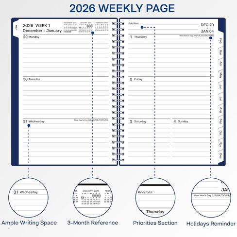2026 Planner ، Weekly Monthly Planner 2026 ، يناير 2026 - ديسمبر 2026 ، 6.2 "× 8.42" ، غطاء مرن ، 12 علامات تبويب شهرية ، ورق سميك ، سلك دوامة ، جيب داخلي ، أسود in Kuwait