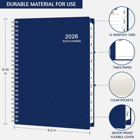 2026 Planner ، Weekly Monthly Planner 2026 ، يناير 2026 - ديسمبر 2026 ، 6.2 "× 8.42" ، غطاء مرن ، 12 علامات تبويب شهرية ، ورق سميك ، سلك دوامة ، جيب داخلي ، أسود in Kuwait