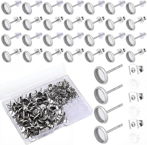 1 Box 100Pcs 6Mm Bezel Post Earrings Findings Stud Earring Cabochon Blanks Stainless Steel Hypoallergenic Silver Ear Stud with Ear Nut Flat Round Earring Studs for Jewelry Making Supplies DIY in Saudi Arabia
