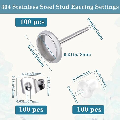 1 Box 100Pcs 6Mm Bezel Post Earrings Findings Stud Earring Cabochon Blanks Stainless Steel Hypoallergenic Silver Ear Stud with Ear Nut Flat Round Earring Studs for Jewelry Making Supplies DIY in Saudi Arabia