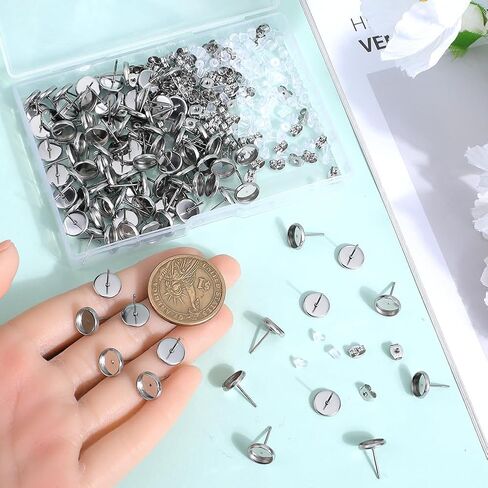 1 Box 100Pcs 6Mm Bezel Post Earrings Findings Stud Earring Cabochon Blanks Stainless Steel Hypoallergenic Silver Ear Stud with Ear Nut Flat Round Earring Studs for Jewelry Making Supplies DIY in Saudi Arabia